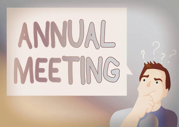Text sign showing Annual Meeting. Conceptual photo Yearly gathering of an organization interested shareholders Man Expressing Confused Hand on Mouth Question Mark icon Blank Text Bubble.