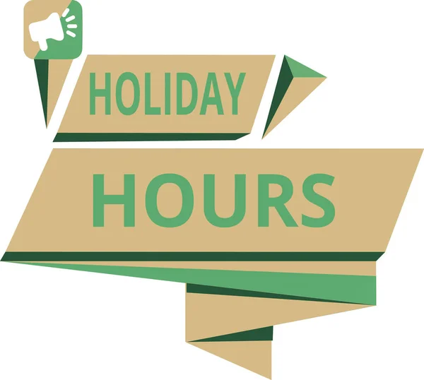 Conceptual hand writing showing Holiday Hours. Business photo showcasing Schedule 24 or7 Half Day Today Last Minute Late Closing Quadrangular Abstract Shape Horizontal Graphic Megaphone. — Stock Photo, Image