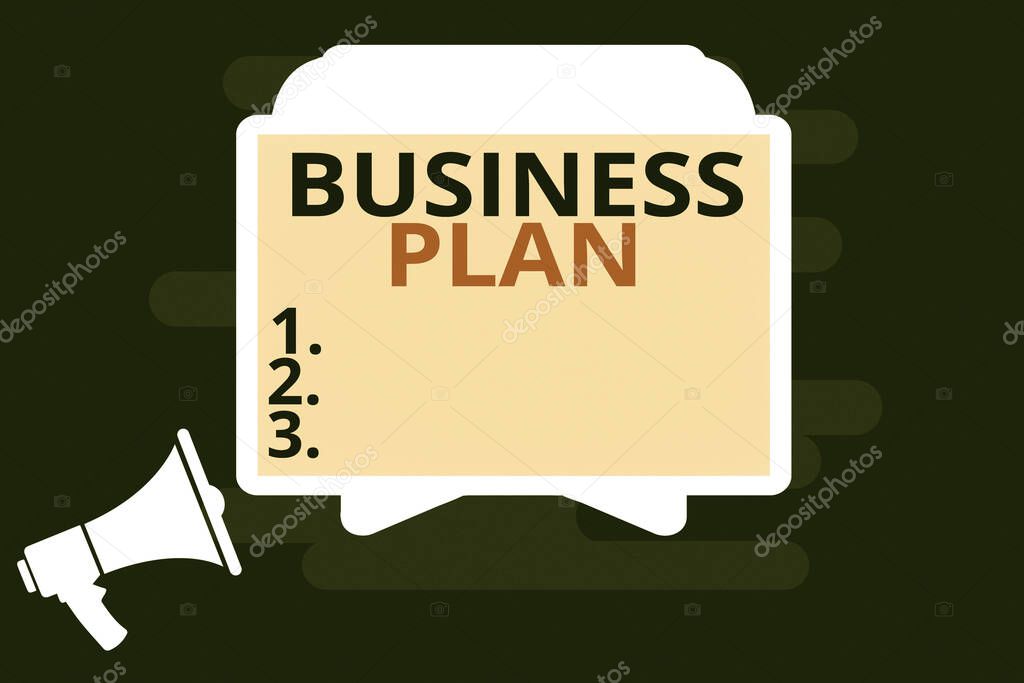 Handwriting text Business Plan. Concept meaning Structural Strategy Goals and Objectives Financial Projections Megaphone and Blank Screen Tablet Horizontally Resting on Stand Holder.