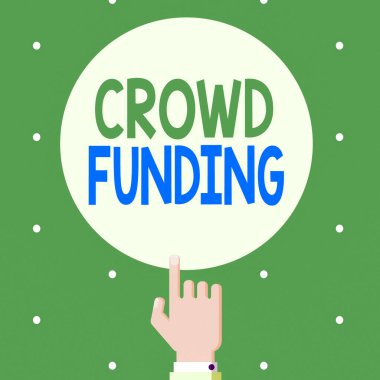 Kalabalık Fonu 'nu gösteren mesaj işareti. Kavramsal Fotoğraf Toplama Kickstarter Başlangıç Sözleşmesi Bağış Platformu Erkek Hu Analizi İndeks Parmakla İşaret Etme Katı Renk Çemberi.