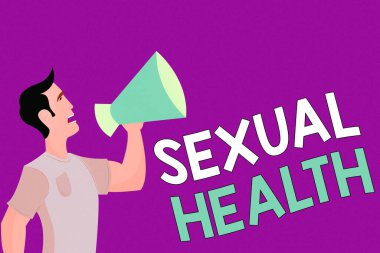 Cinsel Sağlığı gösteren bir mesaj. Kavramsal fotograf daha sağlıklı beden tatmin edici cinsel hayat olumlu ilişkiler gömlekli adam ayakta konuşan megafonlu bir erkeği dışarı çağırıyor..