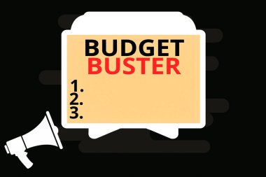 El yazısı Bütçe Bütçesi Buster. Tasarruf: Tasasız Harcama Pazarlıkları Gereksiz Satışlar Fazla Harcamalar Megafon ve Boş Ekran Tableti Yatay Olarak Durma Tutucuya Dinleniyor.
