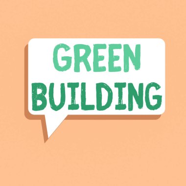 Green Building 'in el yazısı. Kavram demek Solid Renk ve Gölge İfadesinde sürdürülebilir dikdörtgen konuşma baloncuğu olan bir yapı demek..