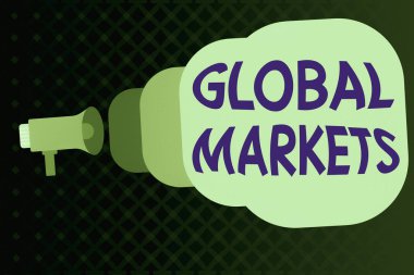 Global Market 'i gösteren bir not yazıyorum. Dünya ülkelerindeki tüm ticari mal ve hizmetlerin sergilendiği bir iş fotoğrafı. Megafon, duyuru ve konuşma üzerine çıkıyor..