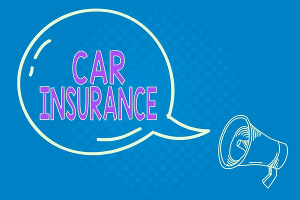 Manuscrito texto escrevendo Car Insurance. Conceito significado Cobertura de acidentes Política abrangente Garantia do veículo a motor Bolha de fala transparente em branco com ícone brilhante e Megafone de contorno . — Fotografia de Stock