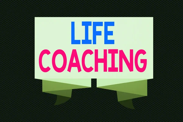 Writing note showing Life Coaching. Business photo showcasing Improve Lives by Challenges Encourages us in our Careers Ribbon Sash Folded and Pleated Decorative Banner corrugated Riband.