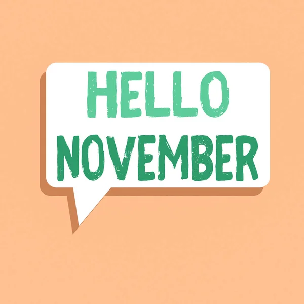 Handwriting text writing Hello November. Concept meaning Welcome the eleventh month of the year Month before December Rectangular Speech Bubble in Solid Color and Shadow Visual Expression. — Stock Photo, Image