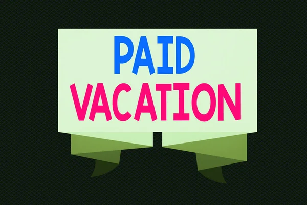 Writing note showing Paid Vacation. Business photo showcasing Sabbatical Weekend Off Holiday Time Off Benefits Ribbon Sash Folded and Pleated Decorative Banner corrugated Riband.