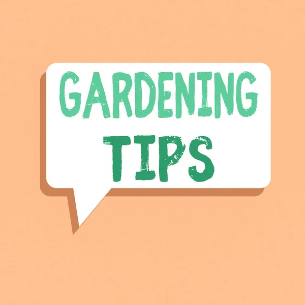 Handwriting text writing Gardening Tips. Concept meaning Proper Practices in growing crops Botanical Approach Rectangular Speech Bubble in Solid Color and Shadow Visual Expression.