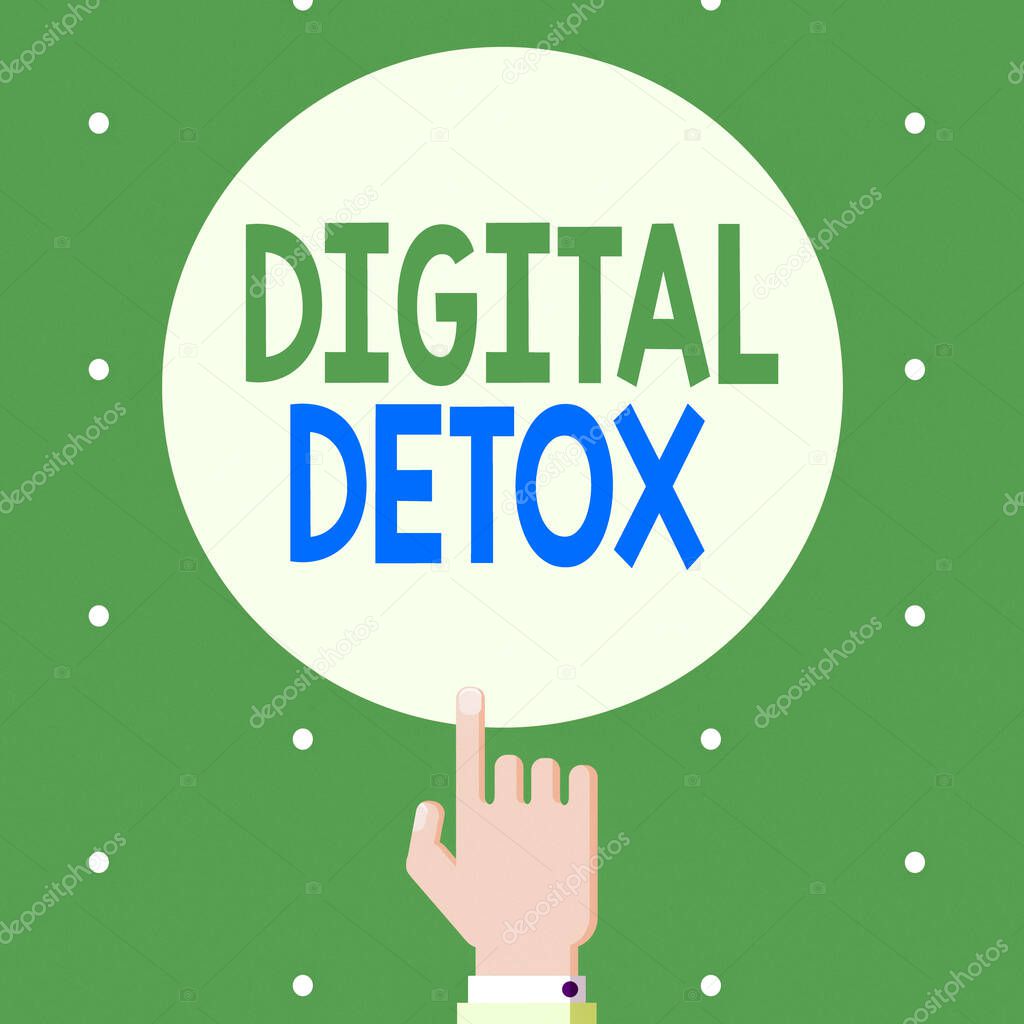 Text sign showing Digital Detox. Conceptual photo Free of Electronic Devices Disconnect to Reconnect Unplugged Male Hu analysis Hand Pointing up Index finger Touching Solid Color Circle.