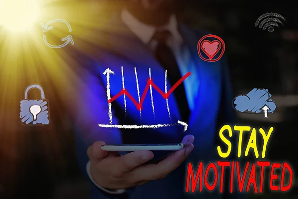 Sinal de texto mostrando Stay Motivated. Foto conceitual Recompense-se cada vez que você atingir um objetivo com conhecimento . — Fotografia de Stock