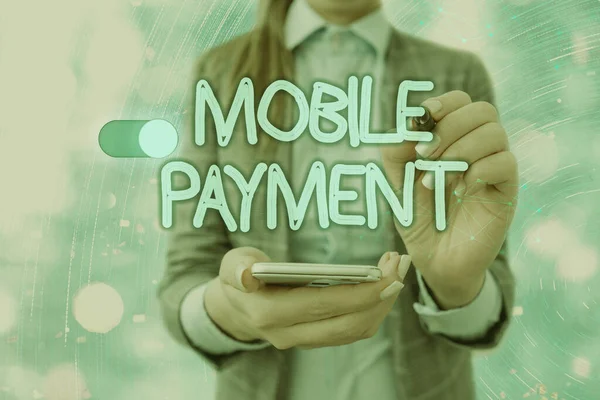 Kézírás szövegírás Mobil fizetés. Fogalom jelentése Készpénz nélküli fizetés hordozható elektronikus eszközökön keresztül. — Stock Fotó