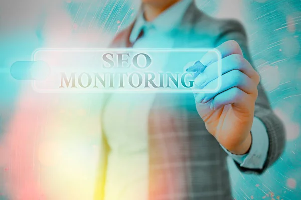 Note d'écriture montrant Seo Monitoring. Photo d'affaires montrant les progrès de la stratégie faite dans la plate-forme . — Photo