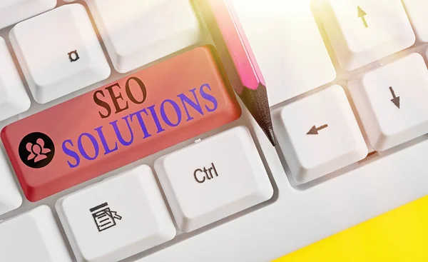 Text sign showing Seo Solutions. Conceptual photo Search Engine Result Page Increase Visitors by Rankings. — Stock Photo, Image