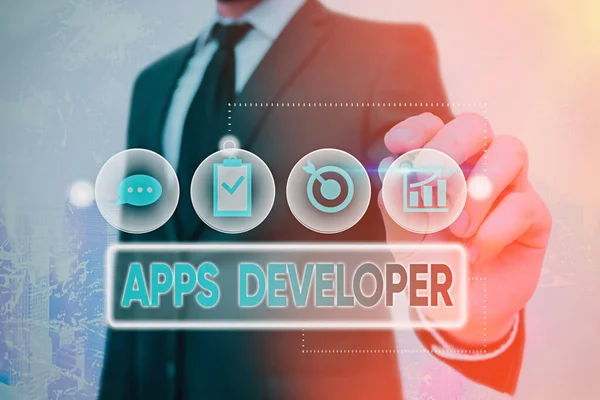 Kézírás szöveg Apps Developer. Concept jelentése grafikus művész szoftver programozó és elemző szakértők. — Stock Fotó