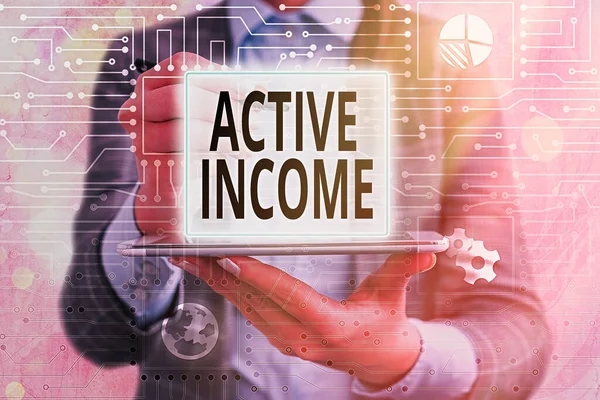 Textskylt som visar Active Income. Konceptuell bild Royalties Löner Pensioner Finansiella placeringar Tips. — Stockfoto