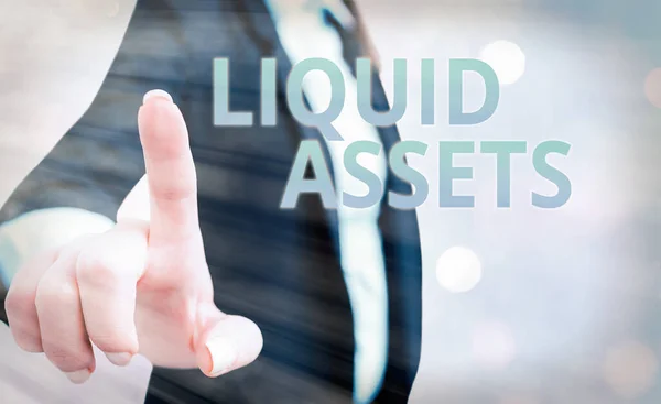 Text sign showing Liquid Assets. Conceptual photo Cash and Bank Balances Market Liquidity Deferred Stock.