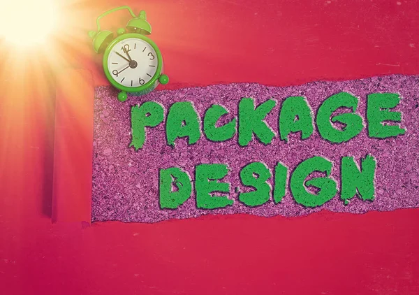 Text sign showing Package Design. Conceptual photo Strategy in creating unique product wrapping or container.