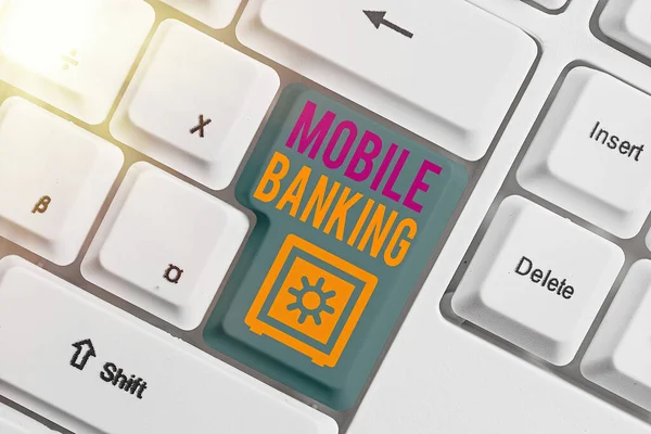 Mobil Banking-et bemutató írásos feljegyzés. Üzleti fotó bemutatása Monitoring számla egyenlegek Pénzátutalás Bill fizetés. — Stock Fotó