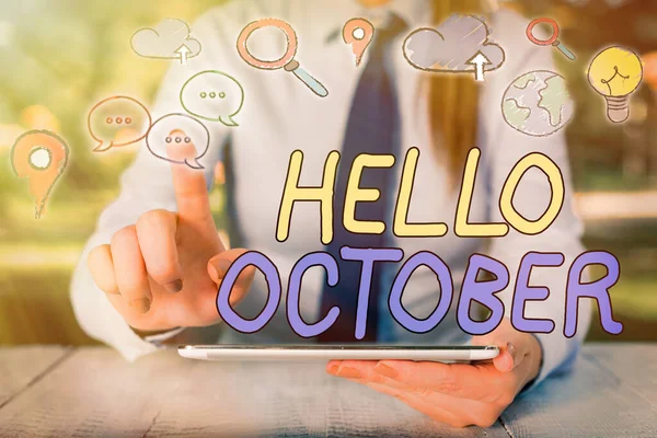 Tekstbord met Hallo Oktober. Conceptuele foto Laatste kwartaal tiende maand 30 dagen Seizoen Groet. — Stockfoto