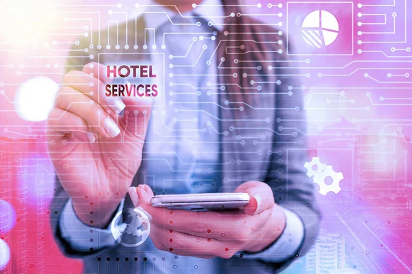 Signo de texto que muestra los servicios del hotel. Foto conceptual Instalaciones Facilidades de un alojamiento y alojamiento . —  Fotos de Stock