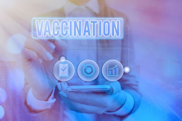 Skrift anteckning som visar vaccination. Affärs foto visar upp behandling som gör kroppen starkare mot infektion. — Stockfoto