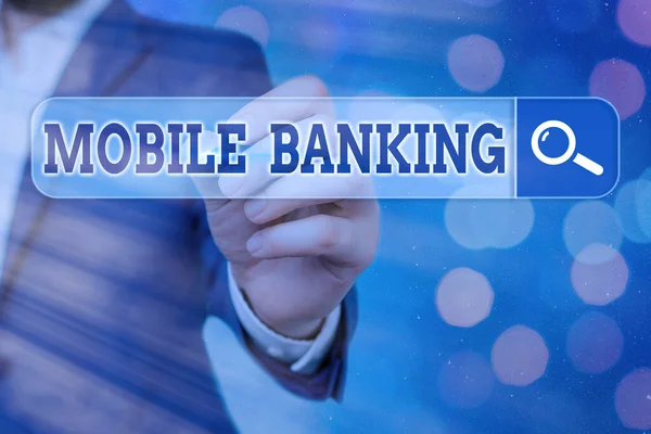 Kézírás SMS Mobil Banking. Koncepció jelentése Monitoring számla egyenlegek Pénzátutalás Bill fizetés. — Stock Fotó