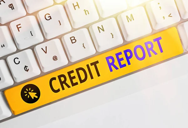 Handschriftliches Textschreiben Credit Report. Konzept bedeutet Kreditaufnahme Rap Sheet Bill und Dues Payment Score Schuldengeschichte. — Stockfoto