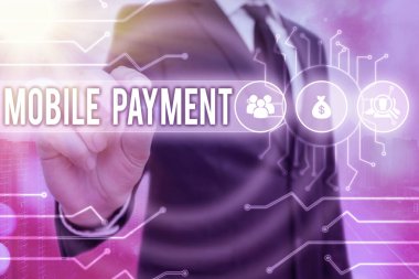 Kelime yazma cep telefonu ödemesi. Taşınabilir elektronik cihazlar aracılığıyla yapılan Nakitsiz Ödeme için iş konsepti.