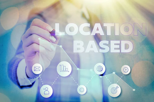 Schrijfbriefje met locatie gebaseerd. Zakelijke foto presentatie Mobiele marketing te richten op gebruikers binnen hetzelfde geografische gebied. — Stockfoto