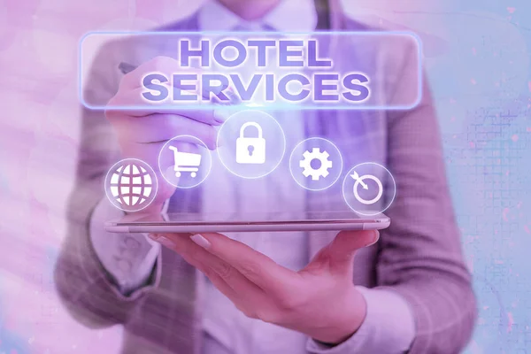 Handstilstextskrivning Hotel Services. Begreppet innebörd Faciliteter Faciliteter i inkvarterings- och inkvarteringshus. — Stockfoto