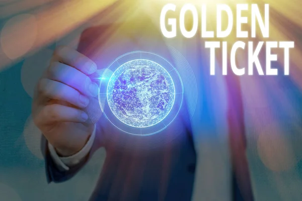 Text sign showing Golden Ticket. Conceptual photo Rain Check Access VIP Passport Box Office Seat Event Elements of this image furnished by NASA.