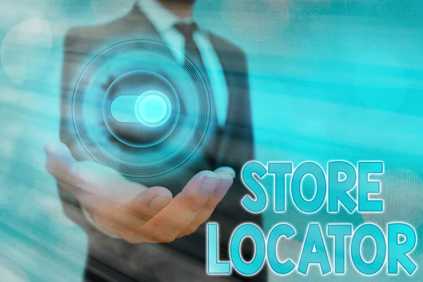 Text skylt som visar Store Locator. Konceptuellt foto för att veta adress kontaktnummer och öppettider. — Stockfoto