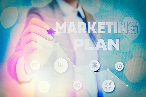 Nota scritta che mostra il Piano di Marketing. Business photo showcase Documento completo di attività commerciali e pubblicità . — Foto Stock
