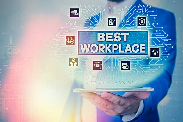 Text sign showing Best Workplace. Conceptual photo Ideal company to work with High compensation Stress free. — Stock Photo, Image
