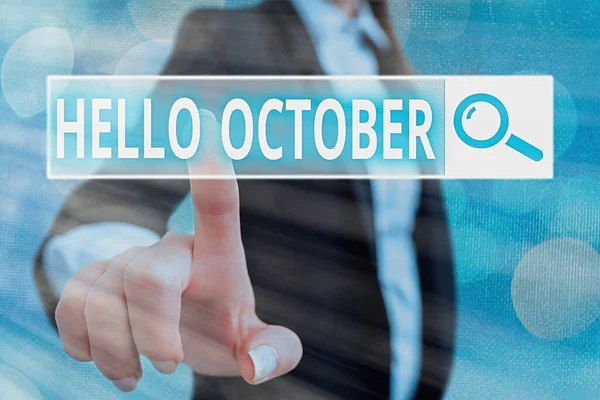 Escribiendo nota mostrando Hello October. Foto de negocios mostrando Último trimestre décimo mes 30days Season Greeting . — Foto de Stock
