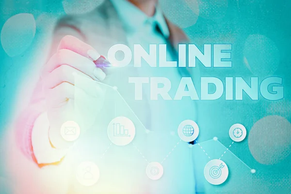 Εγγραφή σημείωμα που δείχνει Online Trading. Business photo showcasing Αγορά και πώληση περιουσιακών στοιχείων μέσω μιας διαδικτυακής πλατφόρμας μεσιτείας. — Φωτογραφία Αρχείου