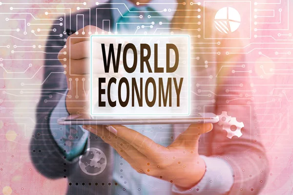 Znak tekstowy ukazujący światową gospodarkę. Koncepcyjne zdjęcie Global Worldwide Międzynarodowe rynki wymiany pieniędzy. — Zdjęcie stockowe