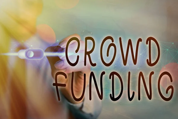 Writing note showing Crowd Funding. Business photo showcasing Fundraising Kickstarter Startup Pledge Platform Donations. — Stock Photo, Image