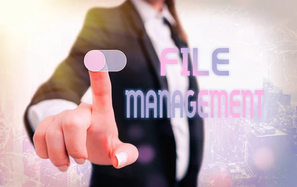 Writing note showing File Management. Business photo showcasing computer program that provides user interface to manage data.