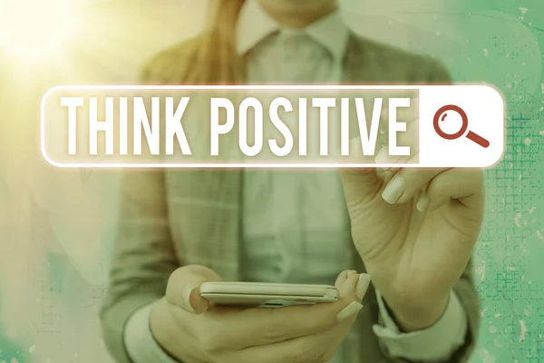 Sinal de texto mostrando Think Positive. Foto conceitual A tendência a ser positiva ou otimista em atitude . — Fotografia de Stock