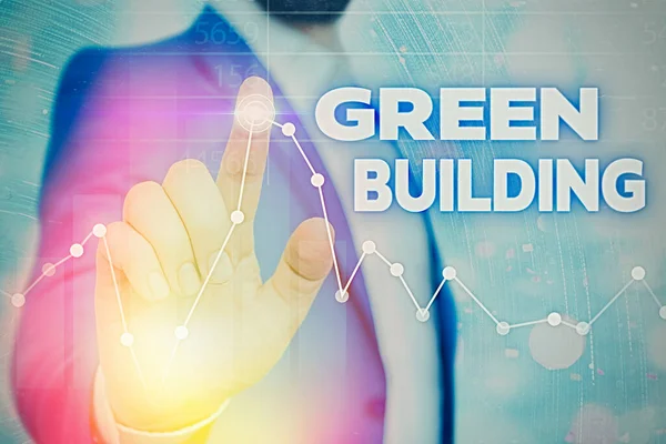 A escrever um bilhete a mostrar o Edifício Verde. Foto de negócios mostrando uma estrutura ambientalmente responsável Sustentável . — Fotografia de Stock