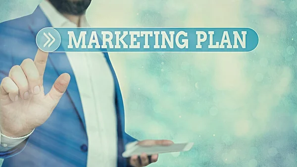 Signo de texto que muestra Plan de Marketing. Foto conceptual Documento completo de actividades comerciales y publicidad . — Foto de Stock