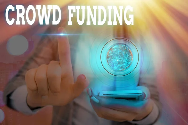 Tekst schrijven Crowd Funding. Bedrijfsconcept voor fondsenwerving Kickstarter Startup Pledge Platform Donaties Elementen van dit beeld geleverd door NASA. — Stockfoto