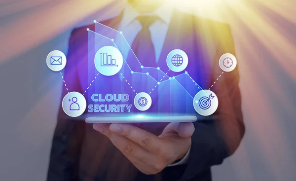 Escritura manual conceptual que muestra Cloud Security. Exhibición de fotos comerciales Proteja la información almacenada de forma segura Tecnología controlada . — Foto de Stock