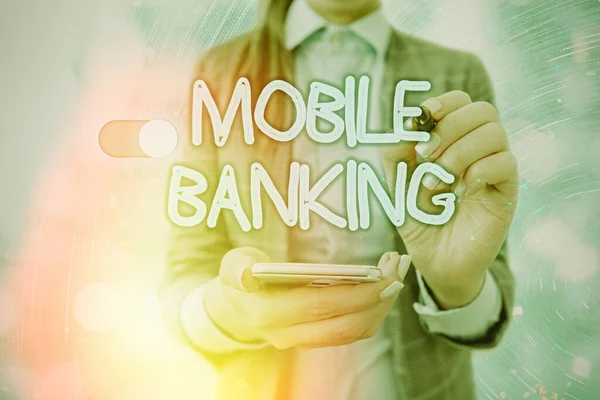 Kézírás szövegírás Mobil Banking. Koncepció jelentése Monitoring számla egyenlegek Pénzátutalás Bill fizetés. — Stock Fotó