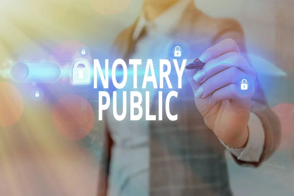 Nota di scrittura che mostra Notaio Pubblico. Business photo showcase Legalità Documentazione Autorizzazione Contratto di Certificazione . — Foto Stock