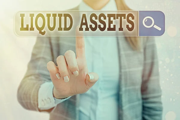 Escritura a mano de texto Liquid Assets. Concepto que significa efectivo y saldos bancarios Liquidez del mercado Existencias diferidas . — Foto de Stock