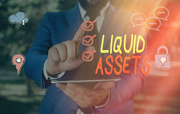 Текстовый знак, показывающий ликвидные активы. Концептуальное фото Денежные средства и банковские балансы Отложенная ликвидность
.