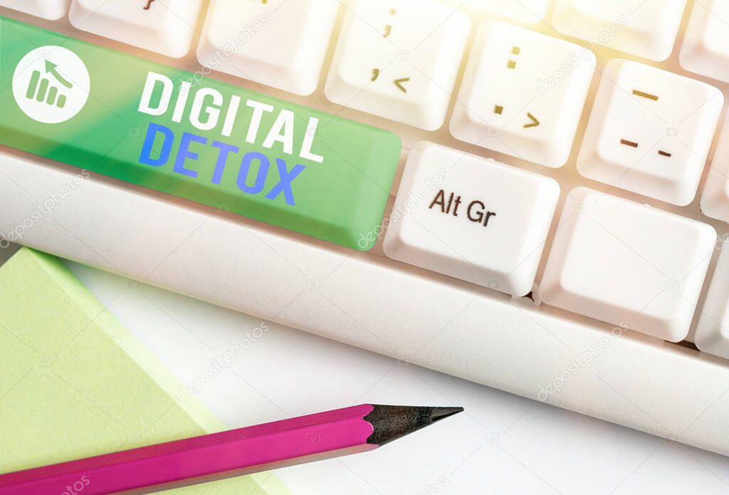 Writing note showing Digital Detox. Business photo showcasing Free of Electronic Devices Disconnect to Reconnect Unplugged.